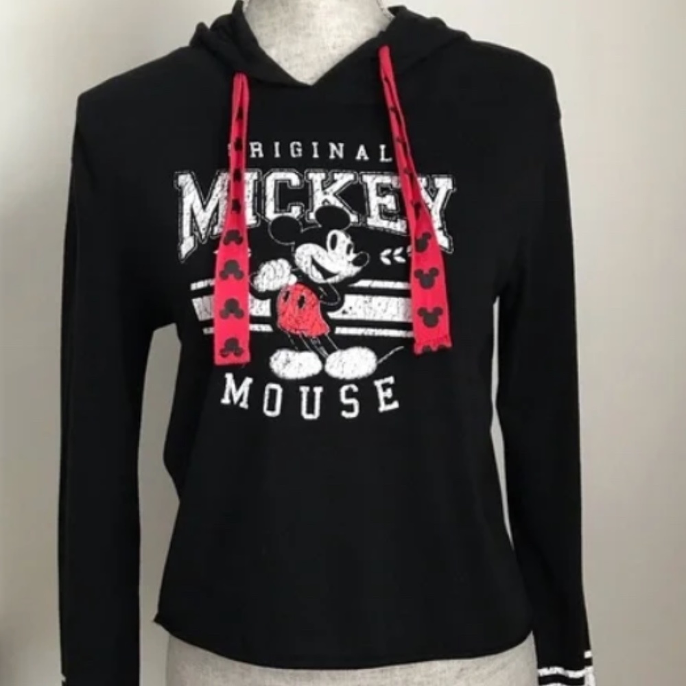 Disney Mickey Mouse Cropped Pullover Lightweight Hoodie Tee Top Small Black Red